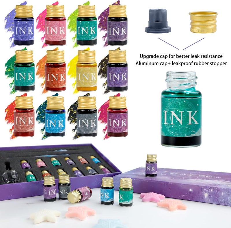 PDCTACST Glass Dip Pen Ink Set, 16pcs Fountain Calligraphy Pens Set, 2 Crystal Signature Glass Pen, 12 Gold Powder Drawing Ink Drip Tool for Art Writing Signatures Beginners Valentines Day Gift - Image 5